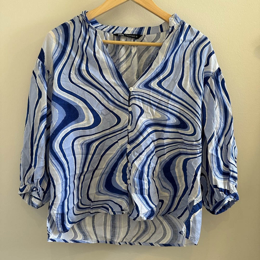 Blue and White Pattern Women's Blouse